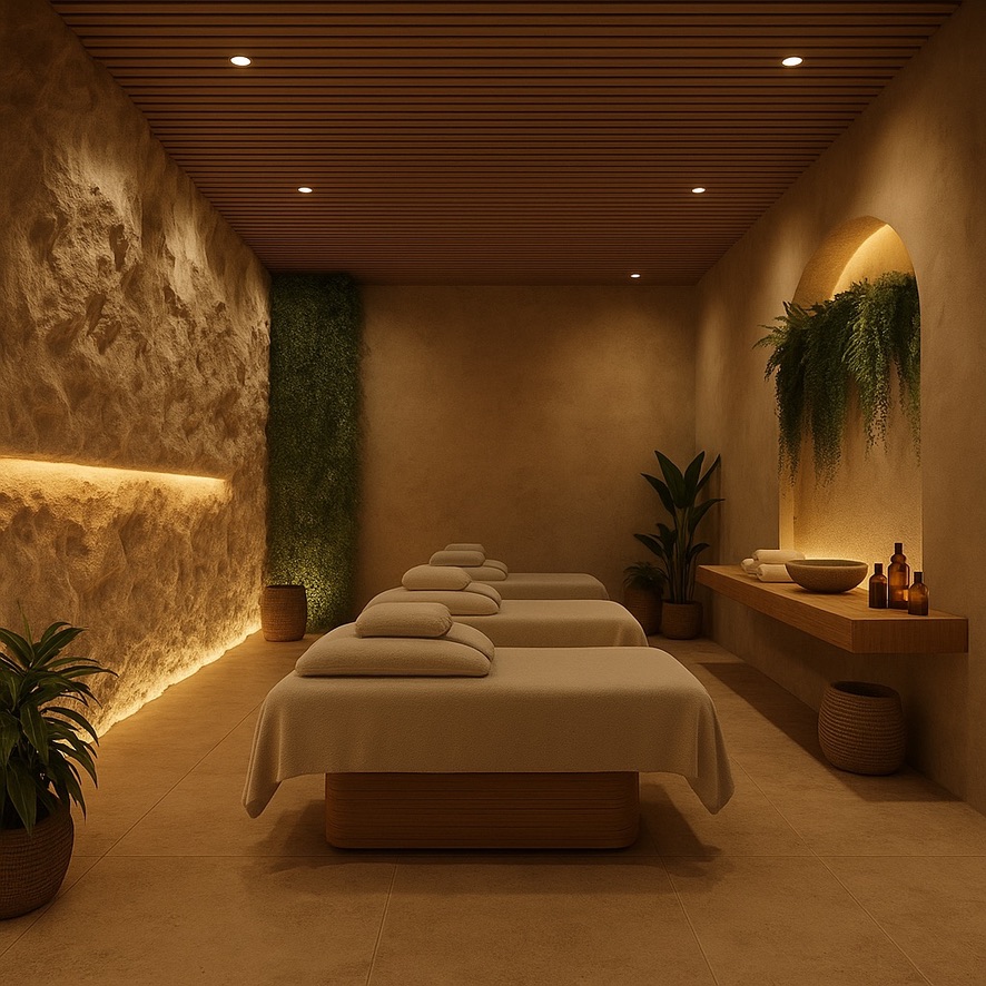 Spa treatment room with textured feature wall