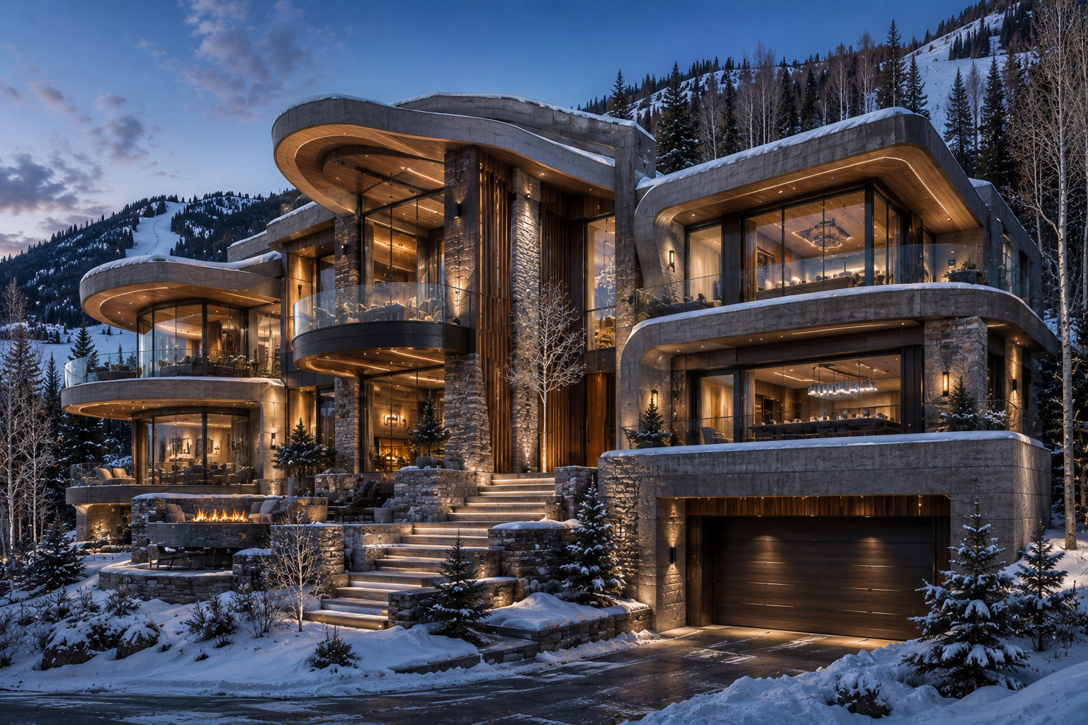 Alpine residence with curved concrete and stone
