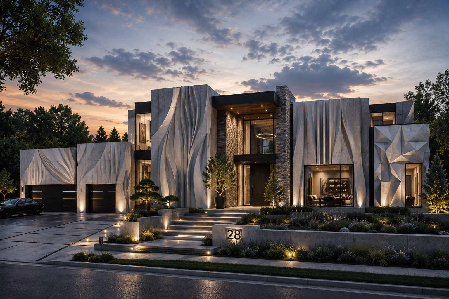 Sculpted residence, dusk