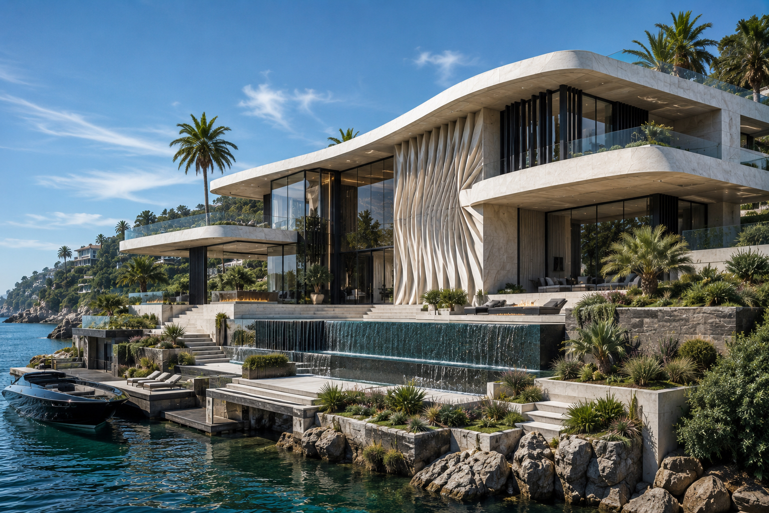 Waterfront residence with fan-carved façade